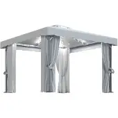 vidaXL Prieel met gordijn en LED-lichtslinger 3x3 m crèmewit