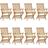 vidaXL Klapstoelen met crèmekleurige kussens, 8-delig, gemaakt van massief teakhout