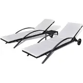 vidaXL Zonnebedden met tafel, polyrotan, zwart