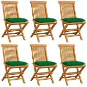 vidaXL Klapstoelen met groene kussens, 6 stuks, massief teak hout