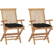 vidaXL Opklapbare stoelen met zwarte kussens, 2 stuks, massief teakhout