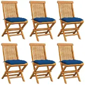 vidaXL Klapstoelen met blauwe kussens, 6 stuks, massief teak hout