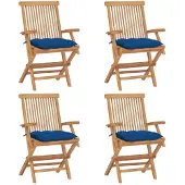 vidaXL Tuinstoelen 4 st met blauwe kussens massief teakhout