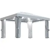 vidaXL Prieel met gordijn en LED-lichtslinger 4x3 m crèmewit