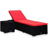 vidaXL Zonnebed met kussen en bijzettafeltje, polyrotan, rood