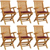 vidaXL Tuinstoelen 6 st met wijnrode kussens massief teakhout