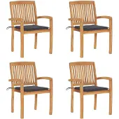 vidaXL Stapelbare tuinstoelen met kussens, 4 stuks, massief teak hout
