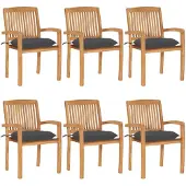 vidaXL Tuinstoelen stapelbaar 6 st met kussens massief teakhout