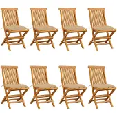 vidaXL Opklapbare stoelen met beige kussens, 8 stuks, massief teakhout