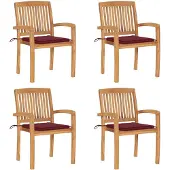 vidaXL Stapelbare tuinstoelen met kussens, 4 stuks, massief teak hout