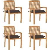vidaXL Stapelbare tuinstoelen met kussens, 4 stuks, massief teak hout