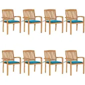 vidaXL Stapelbare tuinstoelen met kussens, 8 stuks, massief teakhout