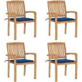 vidaXL Stapelbare tuinstoelen met kussens, 4 stuks, massief teak hout