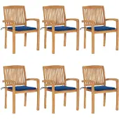 vidaXL Stapelbare tuinstoelen met kussens, 6 stuks, massief teak hout