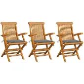 vidaXL Klapstoelen met grijze kussens, 3-delig, massief teak hout