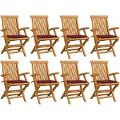 vidaXL Tuinstoelen 8 st met wijnrode kussens massief teakhout