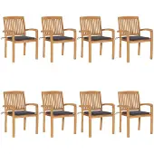 vidaXL Stapelbare tuinstoelen met kussens, 8 stuks, massief teakhout