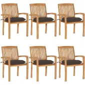 vidaXL Tuinstoelen stapelbaar 6 st met kussens massief teakhout