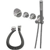 Brauer Brushed Carving thermostatische inbouw badkraan SET 01 met badvulcombinatie en staaf handdouche en doucheslang en wandaansluitbocht RVS geborsteld PVD