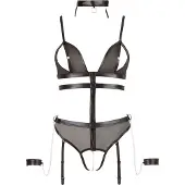 Cottelli collection – Bondage Lingerie Set met Handboeien en Open Kruis en Tepel Sluiting – Maat XL – Zwart
