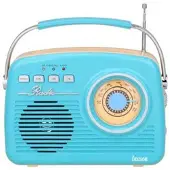 Lauson RA142 vintage radio, blauw en crème, analoog, met ingebouwde luidspreker (2W), AM/FM, oplaadbare batterij, Bluetooth, USB, SD