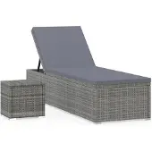 vidaXL Ligbed met kussen en theetafel poly rattan grijs