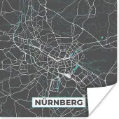 PosterMonkey Poster Kaart – Plattegrond – Stadskaart – Nürnberg – Duitsland – Blauw - 75x75 cm