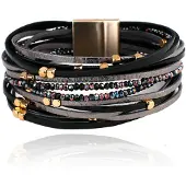 Deja Jewels Leren zwarte Boho dames armband met kraaltjes en steentjes