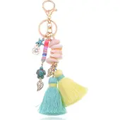 Deja Jewels Handgemaakte Ibiza sleutelhanger goudkleurig blauw geel met schelpjes