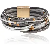 Deja Jewels Leren grijze Boho dames armband met kraaltjes en steentjes