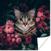 PosterMonkey Poster - Kat - Bloemen - Roze - Dieren - Dierenposter - Fotoposter - Muurposter - Woonkamer decoratie - 30x30 cm - Muurposters slaapkamer - Kamer decoratie - Muurdecoratie - Wanddecoratie
