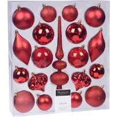 Merkloos 19-Delige kerstballenset met rode kerstversiering en piek - Kerstbal