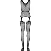 Obsessive – Body Stocking met Fijne Visnet Patroon en Faux Riem met Aangehechte Kousen – Maat XL-XXL - Zwart