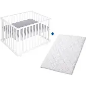 Roba Kinderbox 100 x 75xcm (Wit) Met Boxkleed (Zilvergrijs) + Extra Matras