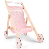 Woet Houten Poppenwagen - Roze Speelgoed Poppenbuggy met Stippen - Duwhoogte 50 cm - Rollenspel Poppenaccessoire - Vanaf 3 Jaar
