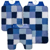 Wicotex Wicotex-Badmatset-Badmat-Toiletmat-Bidetmat blauw wit geblokt