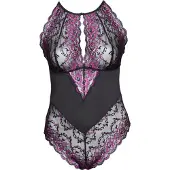 Cottelli Plus Size - bloemen body - zwart/paars - 3XL