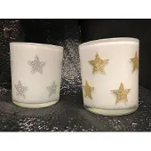 Christmas House 2st waxinelichthouders in wit glas met zilveren en gouden sterren