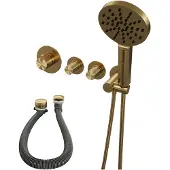 Brauer Gold Carving thermostatische inbouw badkraan SET 02 met badvulcombinatie en 3-standen handdouche en doucheslang en wandaansluitbocht goud geborsteld PVD