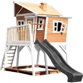 Axi Max Speelhuis op palen, zandbak & grijze glijbaan Speelhuisje voor de tuin / buiten in bruin & wit van FSC hout