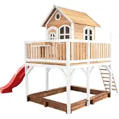 Axi Liam Speelhuis op palen, zandbak & rode glijbaan Speelhuisje voor de tuin / buiten in bruin & wit van FSC hout