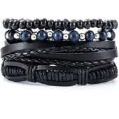 LGT JWLS Heren armbanden Set Zwart Leer blauwe kralen