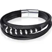 Mendes Leren armband RVS kralen Touw Zwart Zilverkleurig-22cm