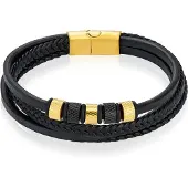 Mendes Leren Multi armband RVS kralen Zwart Goudkleurig-18.5cm