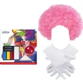 Smiffys Clown verkleed set volwassenen - pruik roze/schmink/neus/handschoenen