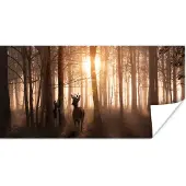 PosterMonkey Poster Bos - Hert - Zon - Bomen - Winter - Natuur - Dieren - 120x60 cm