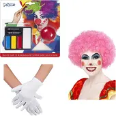 Smiffys Clown verkleed set volwassenen - pruik roze/schmink/neus/handschoenen