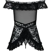 Obsessive Flores - babydoll met ruches en string - zwart - L/XL