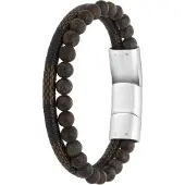 Lucardi Heren Armband leer en steen bruin - Leer - Armband - Vaderdag Cadeautje - 22 cm - Zilverkleurig