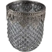 Clayre & Eef Theelichthouder Ø 8x9 cm Grijs Glas Metaal Waxinelichthouder Grijs Waxinelichthouder